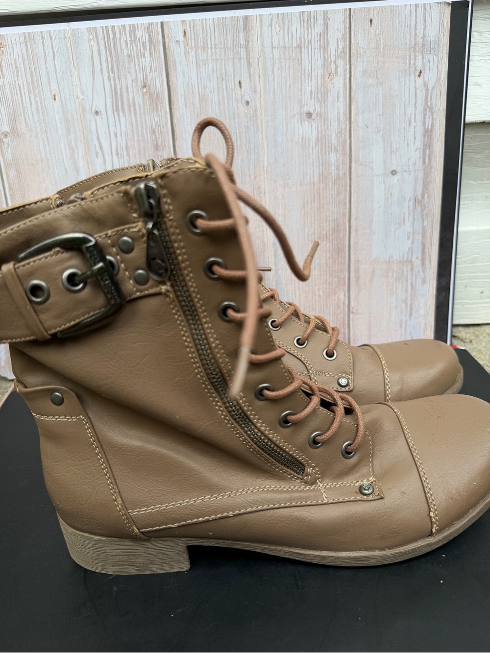 G by Guess Women’s Tan Lace-Up Combat Boots with Side Zipper